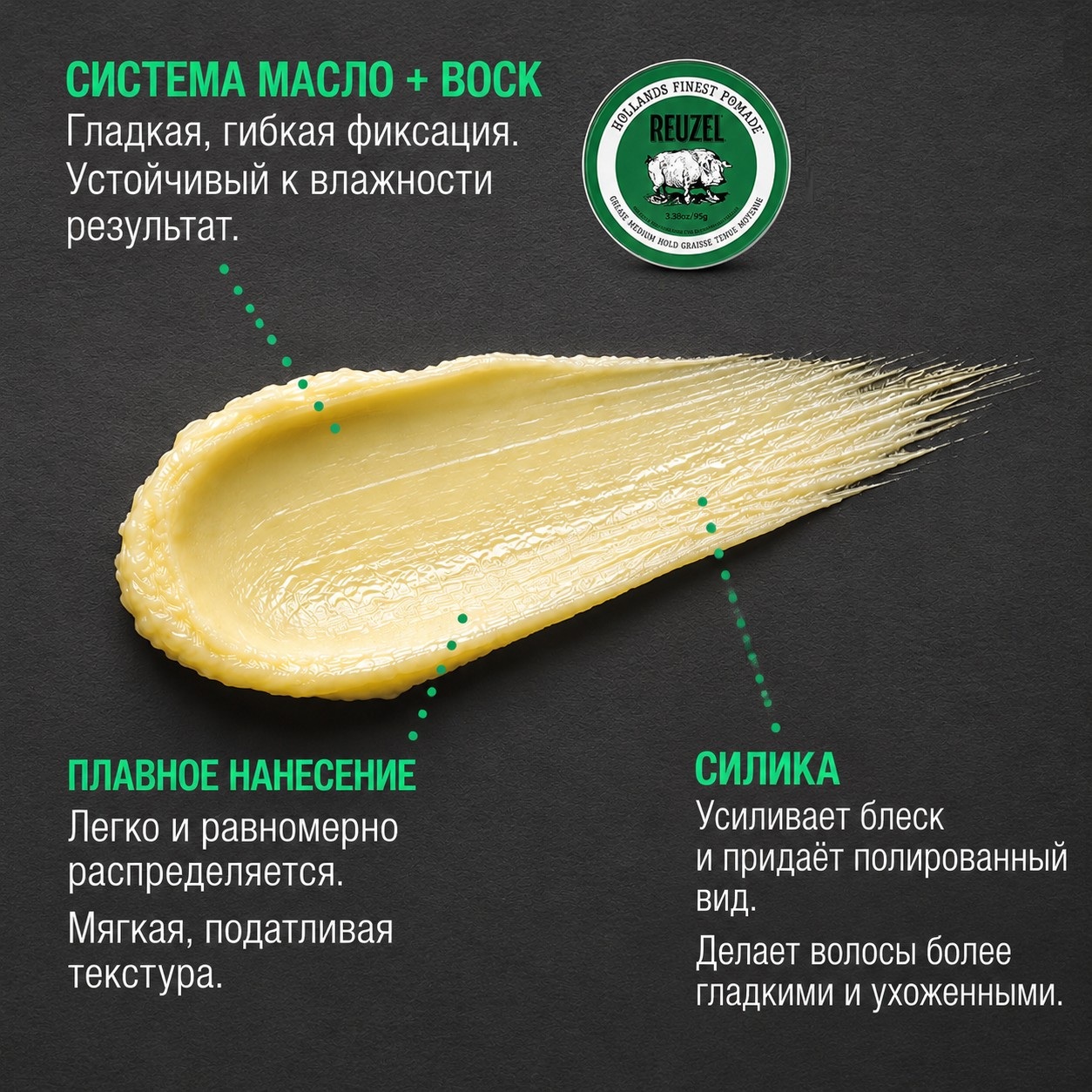 Помада для волос средней фиксации - Reuzel Green Grease Medium Hold Pomade
