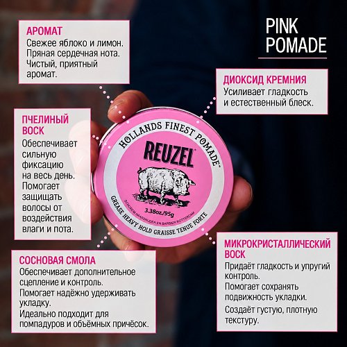 Помада для волос - Reuzel Pink Grease Heavy Hold Pomade